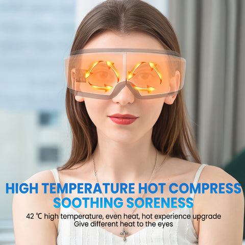 蓝牙音乐眼部按摩仪，具备热敷与振动功能，支持6种按摩模式自由切换。180°折叠设计便携可调节，有效缓解眼干、黑圈与头痛，是送给亲友的贴心圣诞礼物。