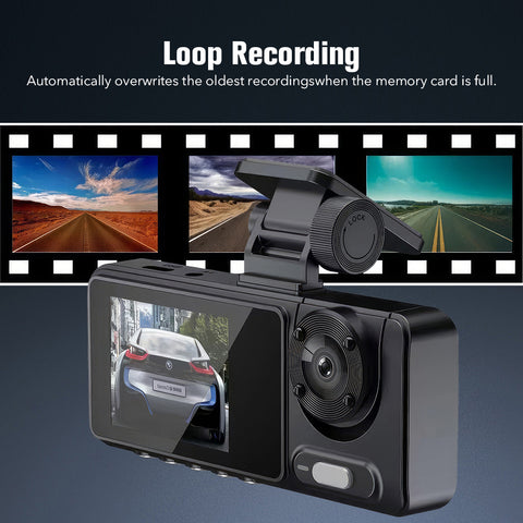 HD 1080P Three Lens Car DVR Dash Cam - Front 1080P 170° Wide Angle Camera, Rear 480P 120° Wide Angle and Inside Cameras, G - Sensor Activated Recording, Loop Recording with Auto - overwrite, Supports Picture in Picture and Reversing Video Camera, 2 Inch S