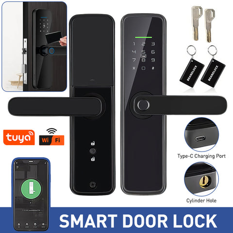 This WiFi smart door lock features a handle, remote unlocking via graffiti, a sensitive touchscreen, and biometric fingerprint/password IC card functionality. It comes with two mechanical keys and two access cards