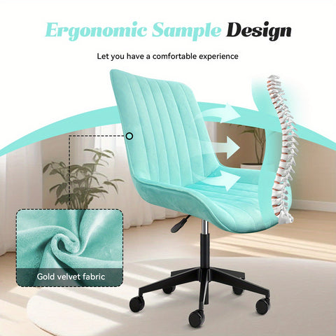 粉色/蓝色 可爱无扶手滚动梳妆椅，舒适天鹅绒，可360° 旋转的带轮人体工学椅，高度可调，现代办公椅， 卧室 办公室 家庭