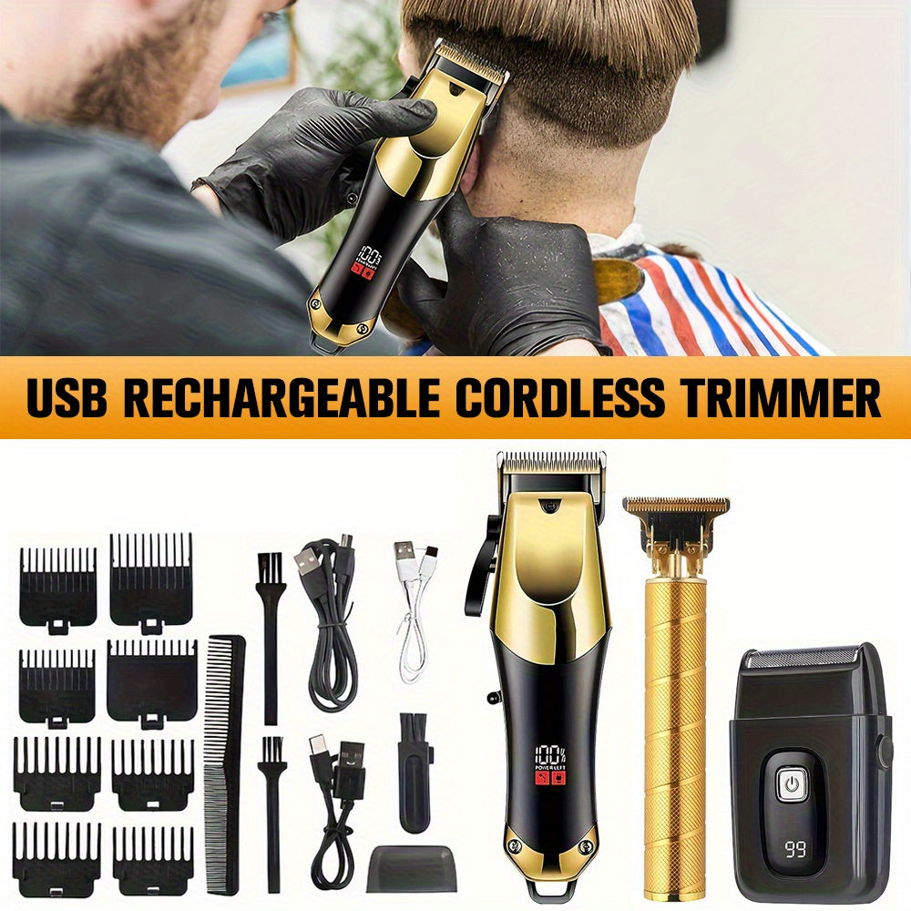 无线专业理发器，男女适用，LED显示屏，电动剃须刀，三件套，胡须修剪器套装及套件