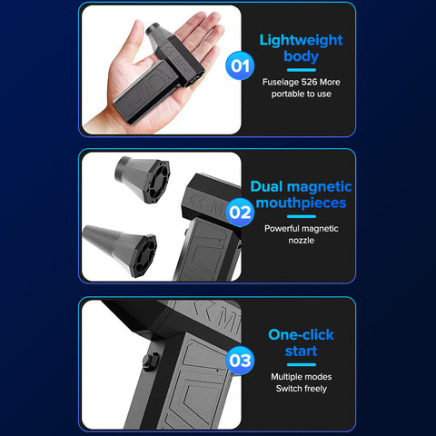 140G强力USB充电吹风机：采用强劲马达，风速达13万转/分，配备4档风力调节与磁性喷嘴。轻巧便携，可清洁设备、生火烧烤、充气及宠物毛发。