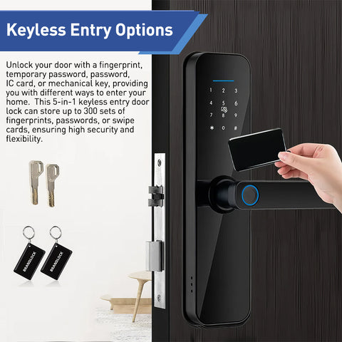 The Tuya smart door lock features a handle, supports remote unlocking, a sensitive touchscreen, and multiple biometric unlocking methods including fingerprint, password, and IC card. It comes with two mechanical keys and two access cards