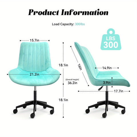 粉色/蓝色 可爱无扶手滚动梳妆椅，舒适天鹅绒，可360° 旋转的带轮人体工学椅，高度可调，现代办公椅， 卧室 办公室 家庭