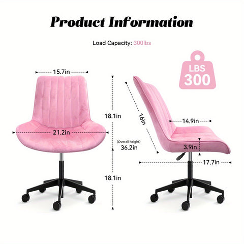 粉色/蓝色 可爱无扶手滚动梳妆椅，舒适天鹅绒，可360° 旋转的带轮人体工学椅，高度可调，现代办公椅， 卧室 办公室 家庭