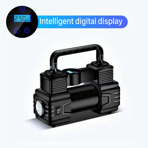 车载充气泵，最大胎压150 PSI，可在90秒内为4个汽车轮胎充气，配备3个不同型号的充气嘴，支持自动充气和自动停止功能