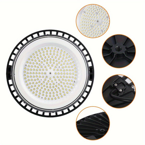 UFO高湾灯150W/200W可选, 商店灯超亮工业LED灯 30000lm, 安全绳, 挂钩支架, P65铝材商业仓库灯, 适用于室外和室内, 6500K