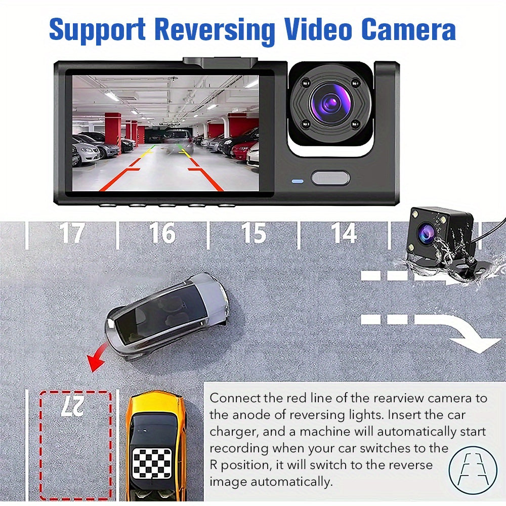 HD 1080P Three Lens Car DVR Dash Cam - Front 1080P 170° Wide Angle Camera, Rear 480P 120° Wide Angle and Inside Cameras, G - Sensor Activated Recording, Loop Recording with Auto - overwrite, Supports Picture in Picture and Reversing Video Camera, 2 Inch S