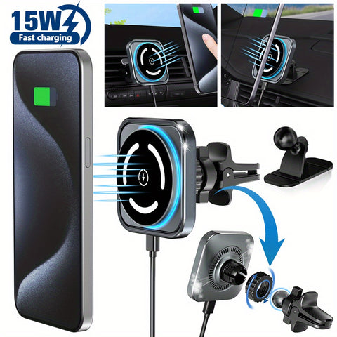 15W Magnetic Wireless Car Charger Phone Holder Mount, 15W MagSafe Car Mount Charger Magnetic WirelessDashboard Universal Car Wireless Charger Mount for iPhone 15/14/13/12 Series