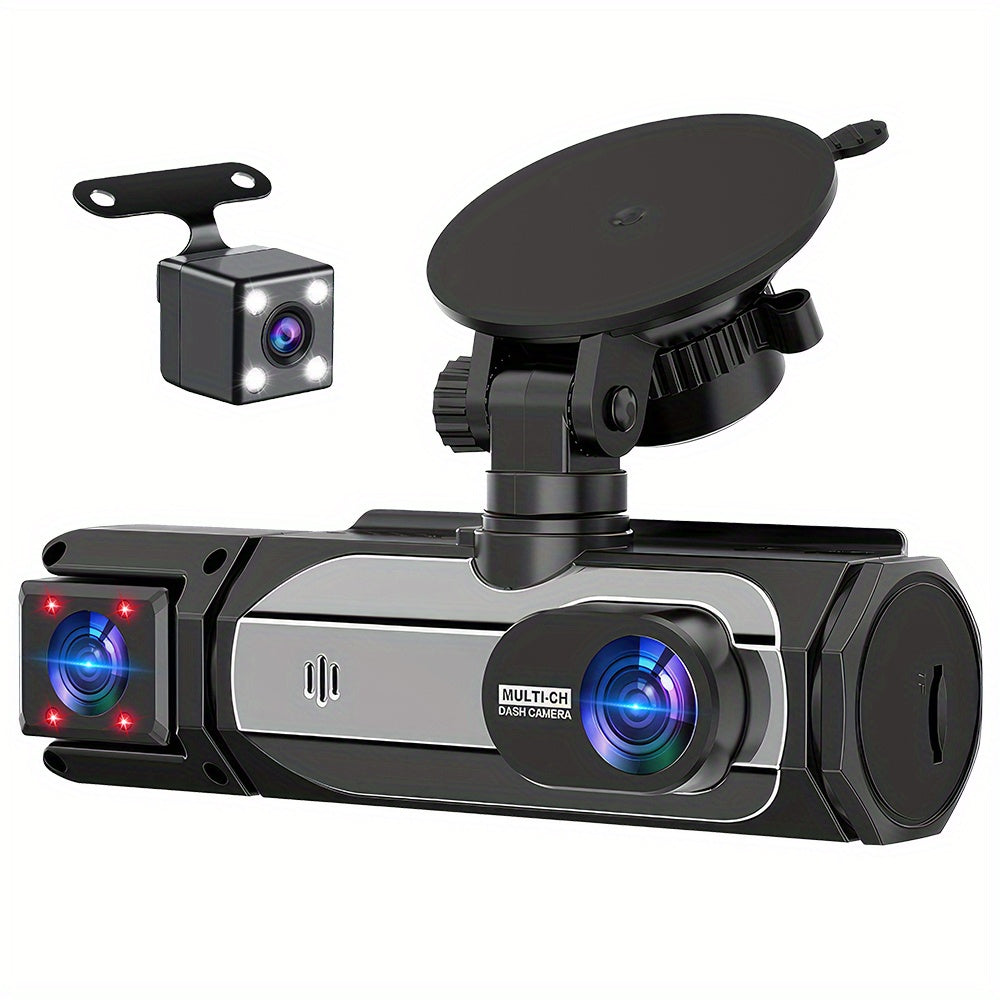 三摄像头行车记录仪，配备 4 个红外车内灯、170 度广角镜头 + 150 度车内镜头 + 120 度后置镜头，为您的驾驶提供更多便利，保障您的安全。内置重力感应，易于安装