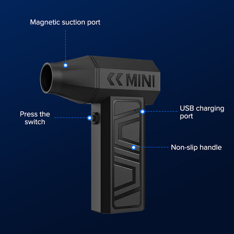 140G强力USB充电吹风机：采用强劲马达，风速达13万转/分，配备4档风力调节与磁性喷嘴。轻巧便携，可清洁设备、生火烧烤、充气及宠物毛发。