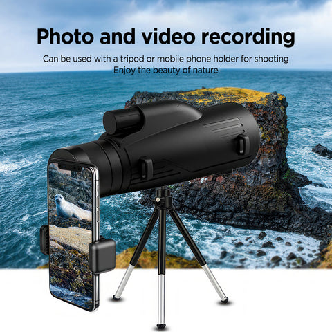 12x50高倍单筒望远镜，弱光夜视成像清晰。防雾防滑机身，配备便携配件并兼容三脚架与手机夹，适用于观鸟、狩猎、登山、观赛及音乐会，送礼佳品。