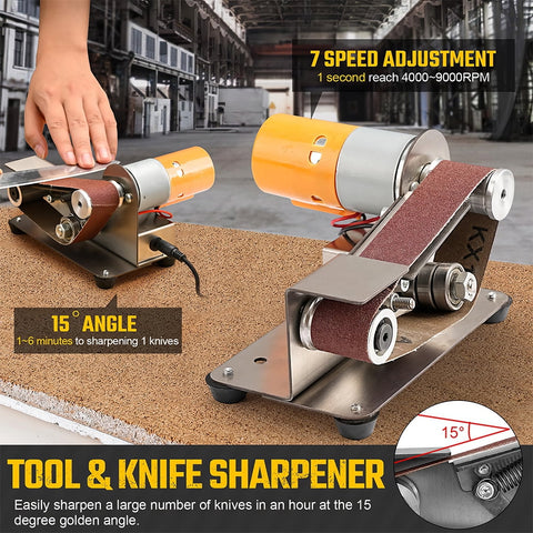 3-In-1 Mini Belt Sander 15° Knife Sharpener - Electric Bench Grinder Buffer Polisher, 7-Speed (4000-9000rpm) Forward/Reverse, All-Copper Motor & Anti-Vibration Design for Metal Wood DIY Handcraft