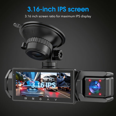 三摄像头行车记录仪，配备 4 个红外车内灯、170 度广角镜头 + 150 度车内镜头 + 120 度后置镜头，为您的驾驶提供更多便利，保障您的安全。内置重力感应，易于安装