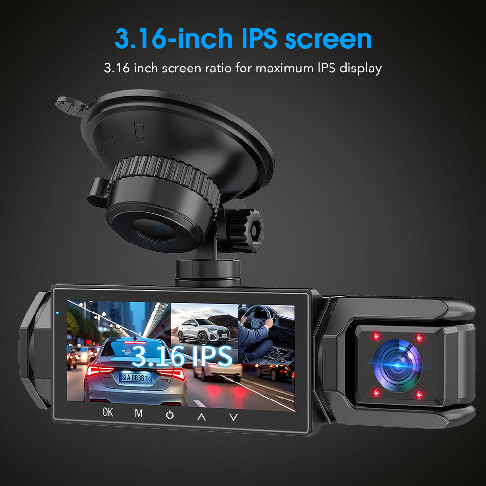 三摄像头行车记录仪，配备 4 个红外车内灯、170 度广角镜头 + 150 度车内镜头 + 120 度后置镜头，为您的驾驶提供更多便利，保障您的安全。内置重力感应，易于安装