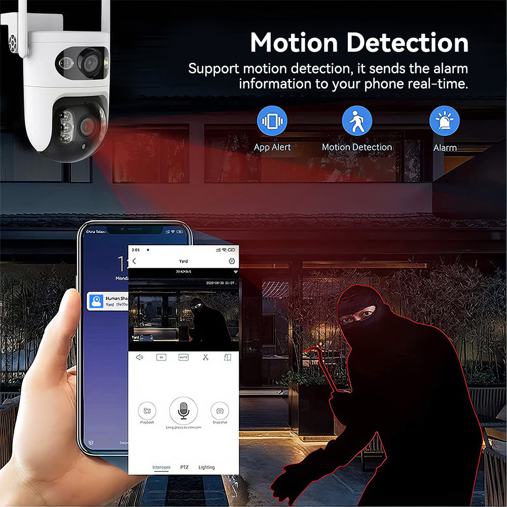 Dual Lens Dual Screen Indoor Wifi Camera with 5GHz 2.4GHz WiFi 355° Pan 90° Tilt AI Human Detection 3 Night Vision Modes 2 Way Audio Support 128GB TF Card Cloud Storage for Home Monitoring