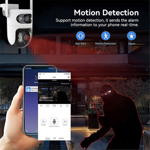 Dual Lens Dual Screen Indoor Wifi Camera with 5GHz 2.4GHz WiFi 355° Pan 90° Tilt AI Human Detection 3 Night Vision Modes 2 Way Audio Support 128GB TF Card Cloud Storage for Home Monitoring