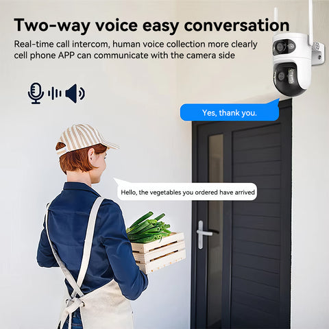 Dual Lens Dual Screen Indoor Wifi Camera with 5GHz 2.4GHz WiFi 355° Pan 90° Tilt AI Human Detection 3 Night Vision Modes 2 Way Audio Support 128GB TF Card Cloud Storage for Home Monitoring