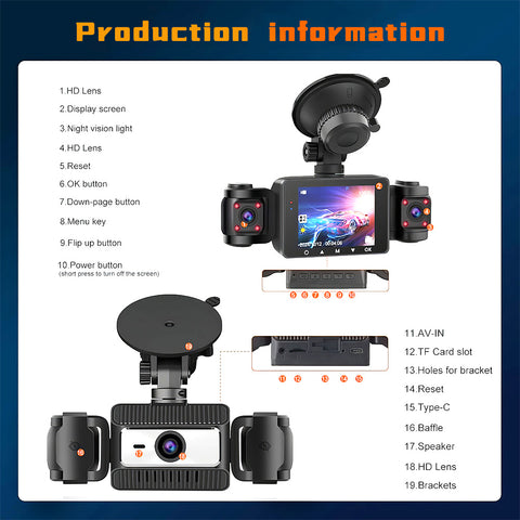 FHD 1080P 三通道行车记录仪，360° 全方位，前后左右多通道，适用于汽车行车记录仪，夜视，三屏合一