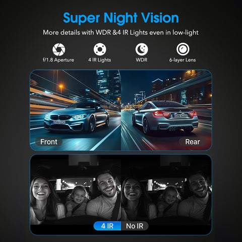 安全出行的好帮手！全新升级的三摄像头行车记录仪，配备4个红外驾驶室灯和清晰的夜视功能，内置重力传感器和循环录像功能，非常适合Uber、Lyft和出租车等共享出行司机