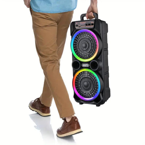 8 英寸 6000 瓦双扬声器，搭配变色 RGB 灯，便携式无线重低音立体声系统，USB Type-C 充电超便捷，含麦克风，户外派对、海滩聚会、卡拉 OK 必备