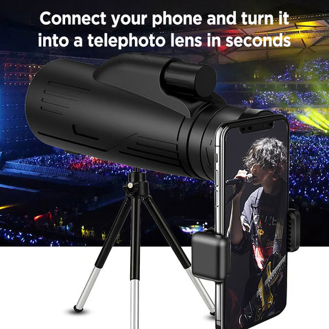 12x50高倍单筒望远镜，弱光夜视成像清晰。防雾防滑机身，配备便携配件并兼容三脚架与手机夹，适用于观鸟、狩猎、登山、观赛及音乐会，送礼佳品。