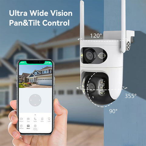 Dual Lens Dual Screen Indoor Wifi Camera with 5GHz 2.4GHz WiFi 355° Pan 90° Tilt AI Human Detection 3 Night Vision Modes 2 Way Audio Support 128GB TF Card Cloud Storage for Home Monitoring