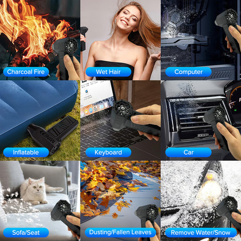 140G强力USB充电吹风机：采用强劲马达，风速达13万转/分，配备4档风力调节与磁性喷嘴。轻巧便携，可清洁设备、生火烧烤、充气及宠物毛发。