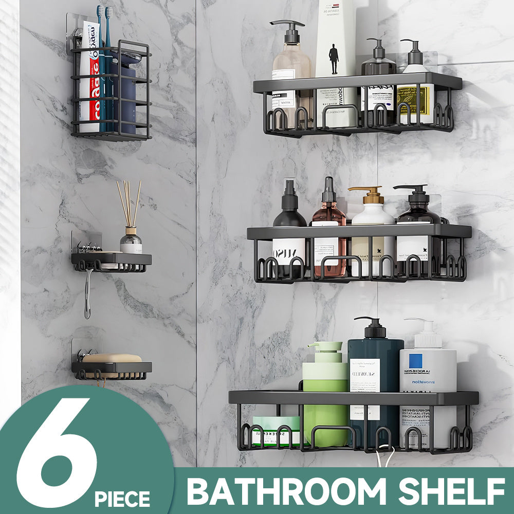 免打孔浴室置物架6件套，强力粘胶安装，防锈材质，坚固承重，轻松收纳洗发水、肥皂及牙刷，保持浴室整洁。