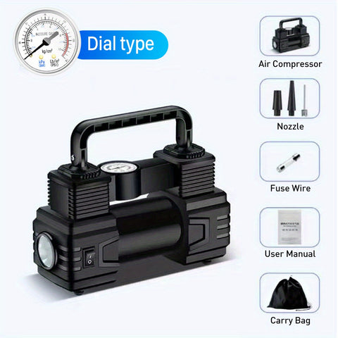 车载充气泵，最大胎压150 PSI，可在90秒内为4个汽车轮胎充气，配备3个不同型号的充气嘴，支持自动充气和自动停止功能