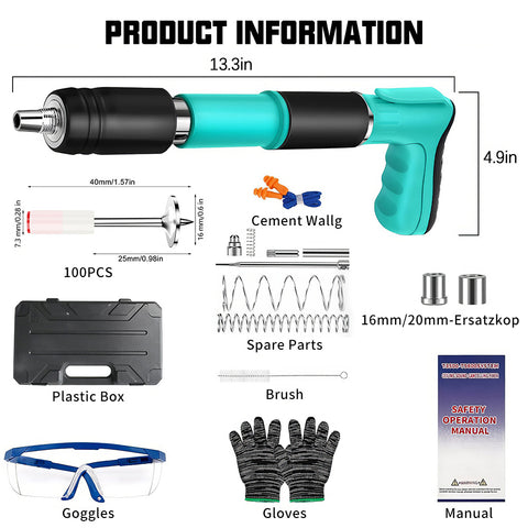 五档可调混凝土射钉枪套装——配100枚专业钢钉 0.1秒轻松穿透3mm钢板 军工级双消音设计低噪安全 附全套防护装备 适用于钢材/砖墙/木材等多种基材