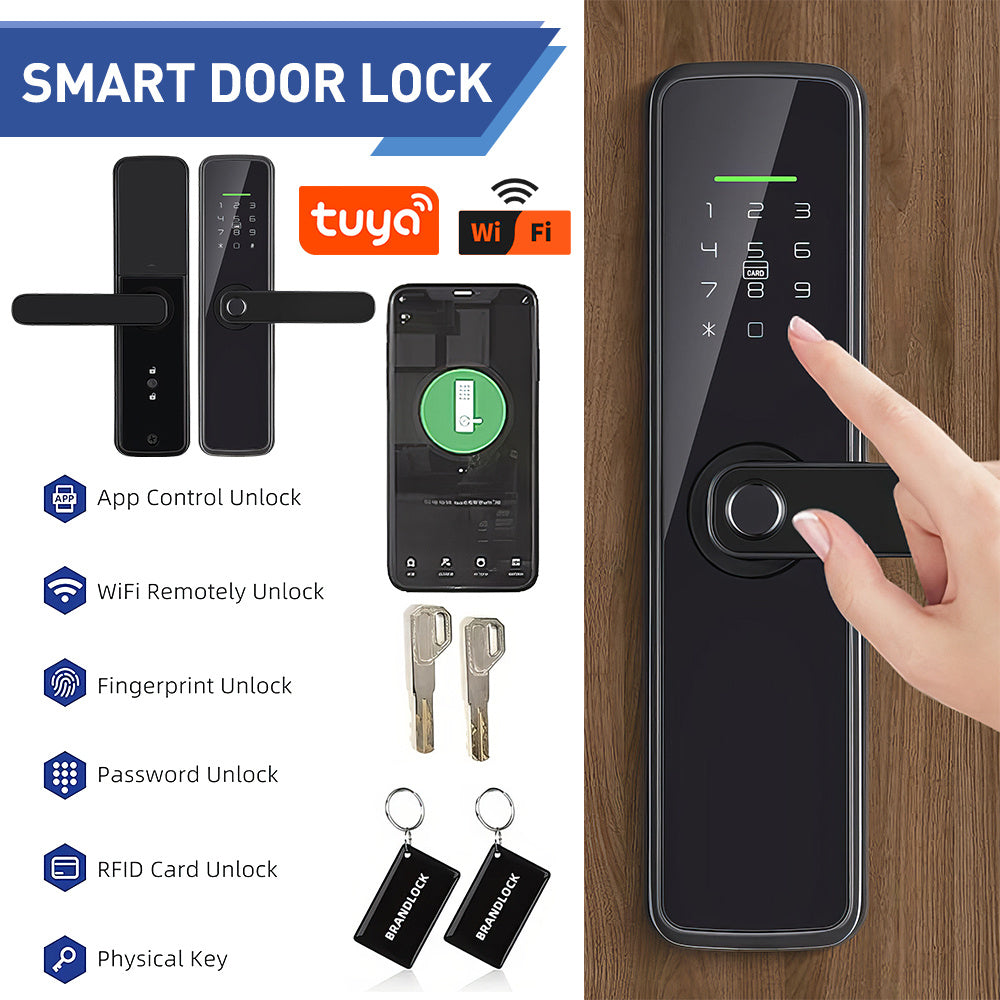 This WiFi smart door lock features a handle, remote unlocking via graffiti, a sensitive touchscreen, and biometric fingerprint/password IC card functionality. It comes with two mechanical keys and two access cards