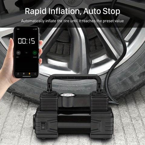 车载充气泵，最大胎压150 PSI，可在90秒内为4个汽车轮胎充气，配备3个不同型号的充气嘴，支持自动充气和自动停止功能
