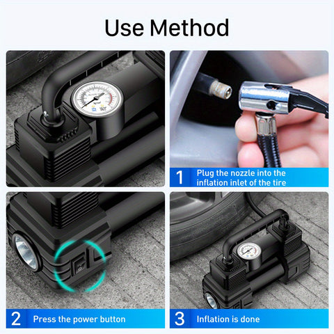 车载充气泵，最大胎压150 PSI，可在90秒内为4个汽车轮胎充气，配备3个不同型号的充气嘴，支持自动充气和自动停止功能