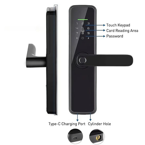 The Tuya smart door lock features a handle, supports remote unlocking, a sensitive touchscreen, and multiple biometric unlocking methods including fingerprint, password, and IC card. It comes with two mechanical keys and two access cards