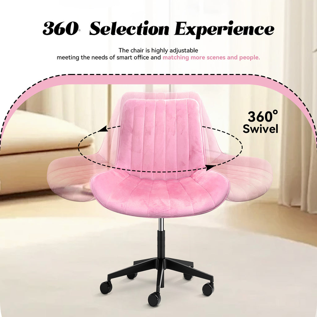 粉色/蓝色 可爱无扶手滚动梳妆椅，舒适天鹅绒，可360° 旋转的带轮人体工学椅，高度可调，现代办公椅， 卧室 办公室 家庭