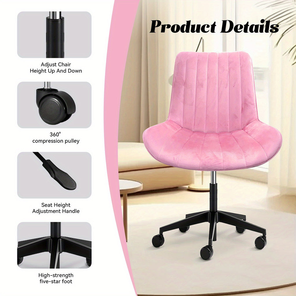 粉色/蓝色 可爱无扶手滚动梳妆椅，舒适天鹅绒，可360° 旋转的带轮人体工学椅，高度可调，现代办公椅， 卧室 办公室 家庭