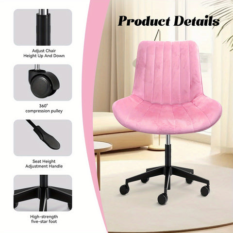 粉色/蓝色 可爱无扶手滚动梳妆椅，舒适天鹅绒，可360° 旋转的带轮人体工学椅，高度可调，现代办公椅， 卧室 办公室 家庭