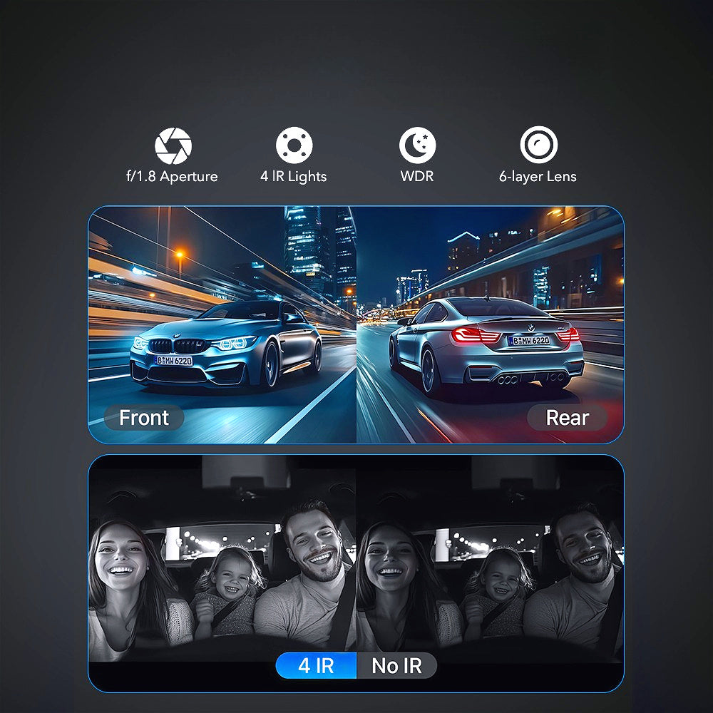 三通道行车记录仪，配备170°广角前置摄像头+150°驾驶室摄像头+120°后置摄像头，4个红外驾驶室灯和更清晰的夜视功能，适用于弱光环境或完全黑暗的环境。同时配置重力传感器