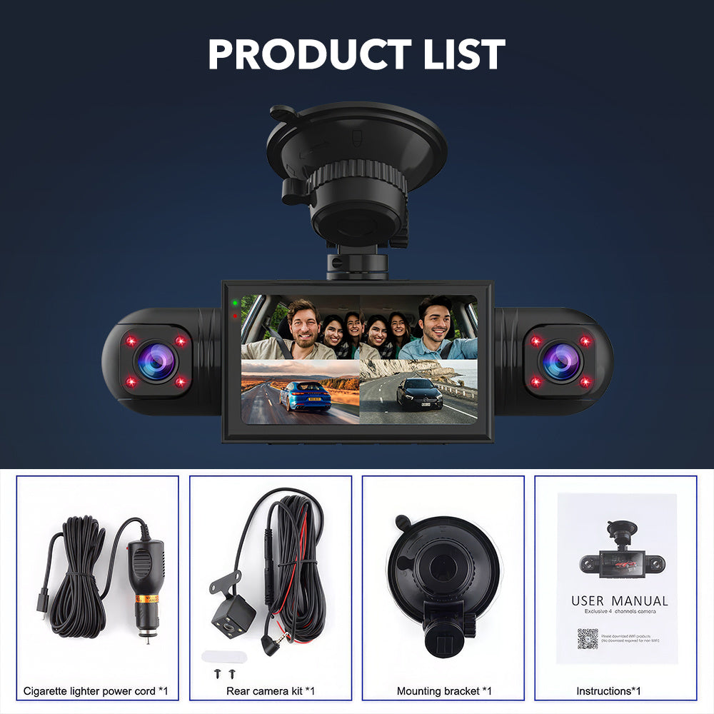 4 Channel Dash Cam 360° Dash Camera FHD 1080P 4 Lens Front and Rear Inside Driving Recorder Car Camera with  G-Senso Loop Recording Night Vision