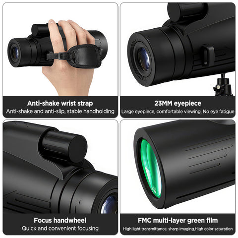 12x50高倍单筒望远镜，弱光夜视成像清晰。防雾防滑机身，配备便携配件并兼容三脚架与手机夹，适用于观鸟、狩猎、登山、观赛及音乐会，送礼佳品。