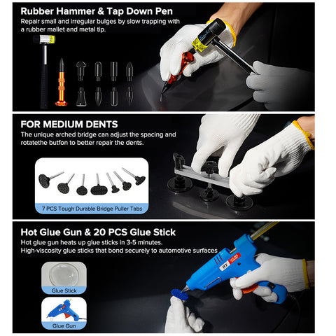 专业汽车无痕凹陷修复工具组，含金钩、桥式拉拔器等，高效修复钣金凹痕、冰雹与车门坑。不伤原漆，操作精准，适用于多种车型与凹痕尺寸，是DIY车主的理想之选。