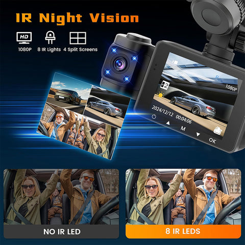 FHD 1080P 三通道行车记录仪，360° 全方位，前后左右多通道，适用于汽车行车记录仪，夜视，三屏合一