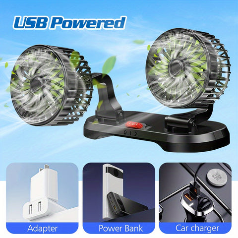 夏日车内救星！双头 USB 车载风扇，强劲降温。风速可调，底座 360°、夹子 90° 旋转，紧凑适配汽车、SUV、卡车，实用便携，舒适度拉满