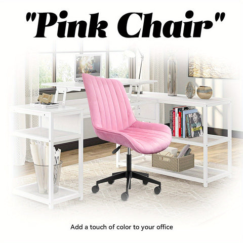 粉色/蓝色 可爱无扶手滚动梳妆椅，舒适天鹅绒，可360° 旋转的带轮人体工学椅，高度可调，现代办公椅， 卧室 办公室 家庭