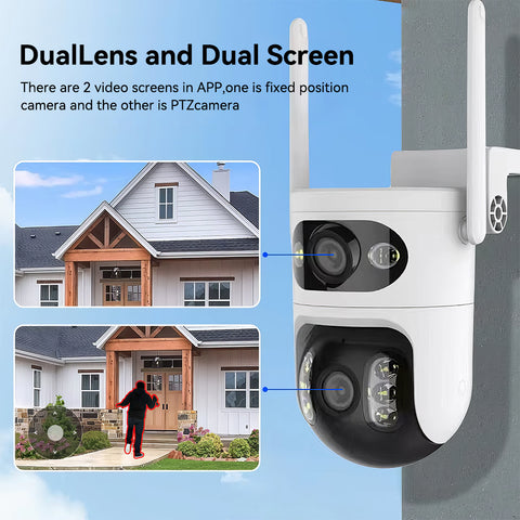 Dual Lens Dual Screen Indoor Wifi Camera with 5GHz 2.4GHz WiFi 355° Pan 90° Tilt AI Human Detection 3 Night Vision Modes 2 Way Audio Support 128GB TF Card Cloud Storage for Home Monitoring