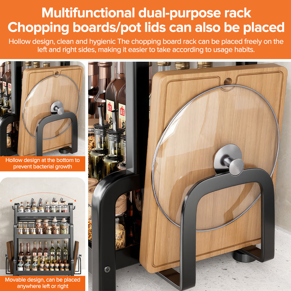 三层可移动金属厨房置物架，采用加厚粉末钢架承重35磅。自带6个挂钩配件，多功能收纳香料、化妆品、洗浴用品，5分钟快速组装省空间。