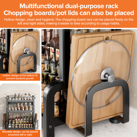 三层可移动金属厨房置物架，采用加厚粉末钢架承重35磅。自带6个挂钩配件，多功能收纳香料、化妆品、洗浴用品，5分钟快速组装省空间。