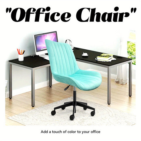 粉色/蓝色 可爱无扶手滚动梳妆椅，舒适天鹅绒，可360° 旋转的带轮人体工学椅，高度可调，现代办公椅， 卧室 办公室 家庭