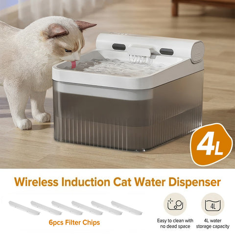 4L Cordless Cat Water Fountain, Three Adjustable Modes, Home Cat Water Fountain with Motion Sensor and 6 Filters